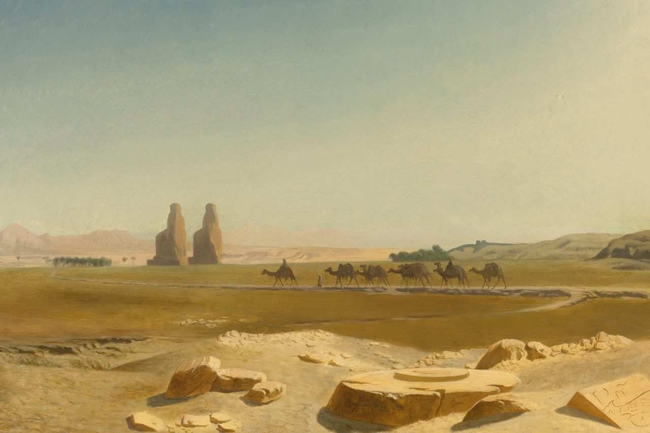 Caravan passing the Colossi of Memnon, Thebes