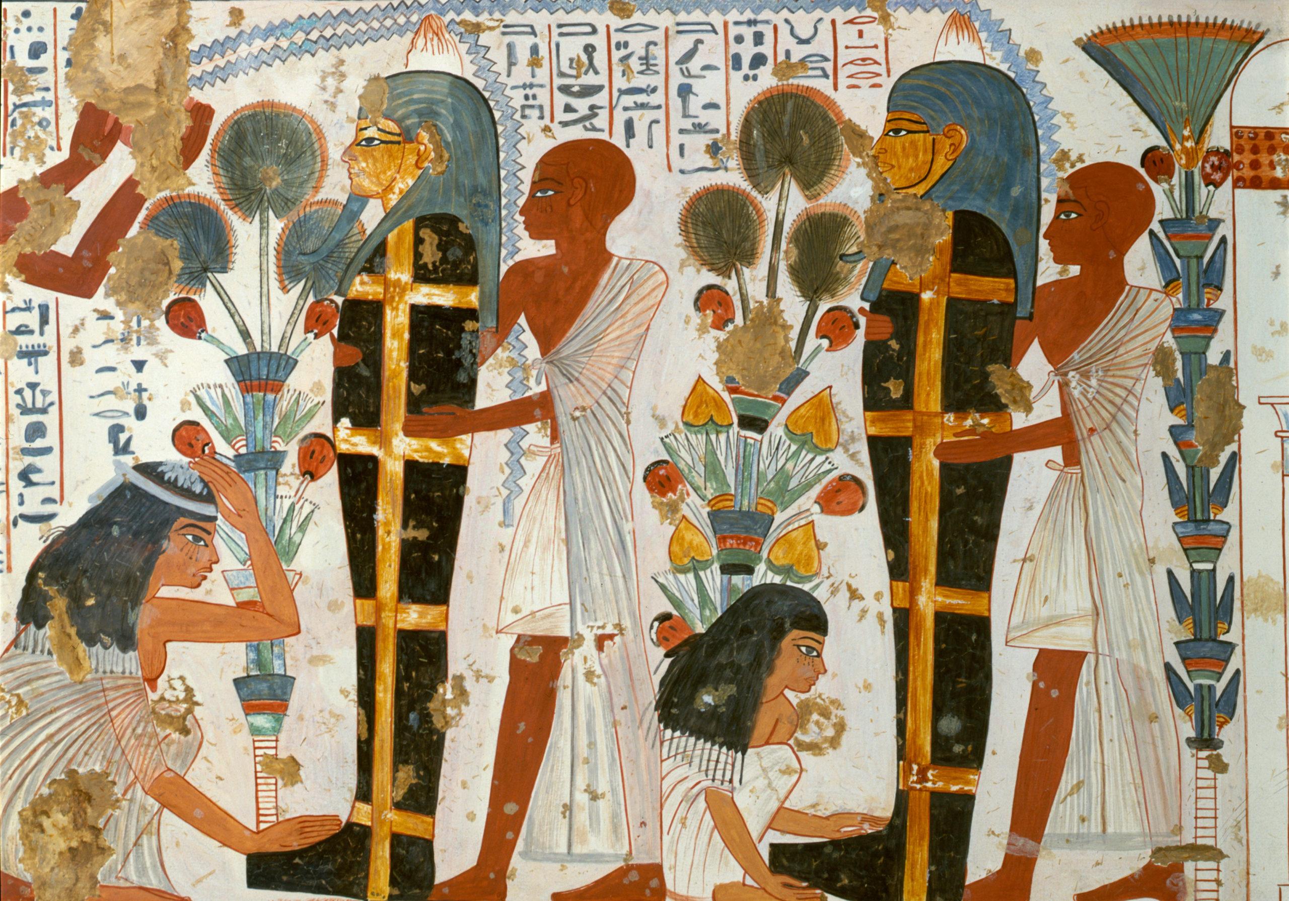 Funerary scenes from an ancient Egyptian tomb showing mourners and priests