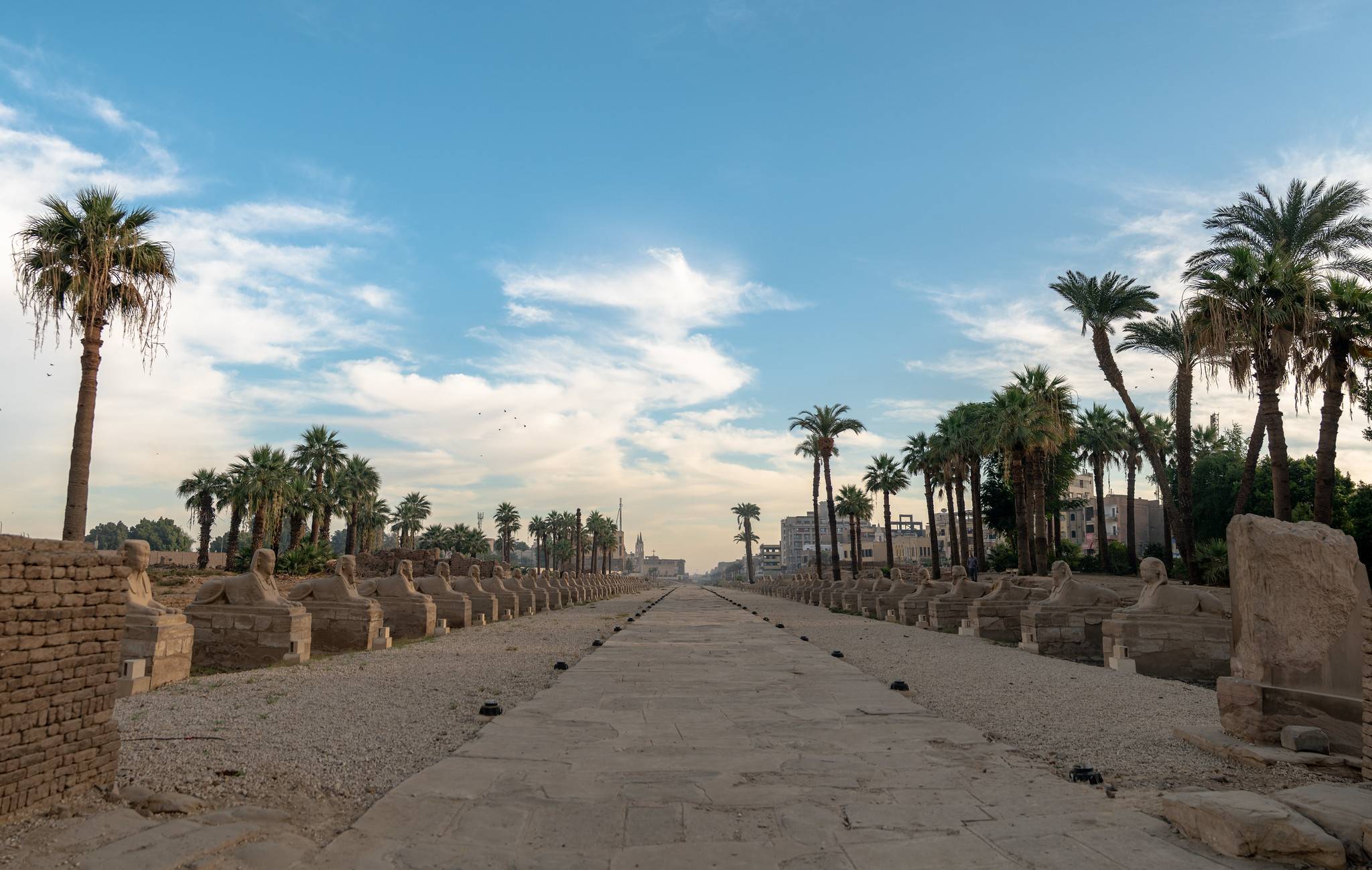 Walking the Avenue of Sphinxes in Luxor at dusk