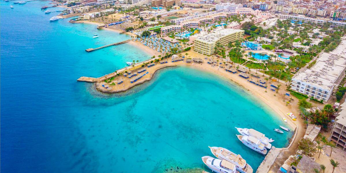 Beach resort and Red Sea coastline in Hurghada, Egypt