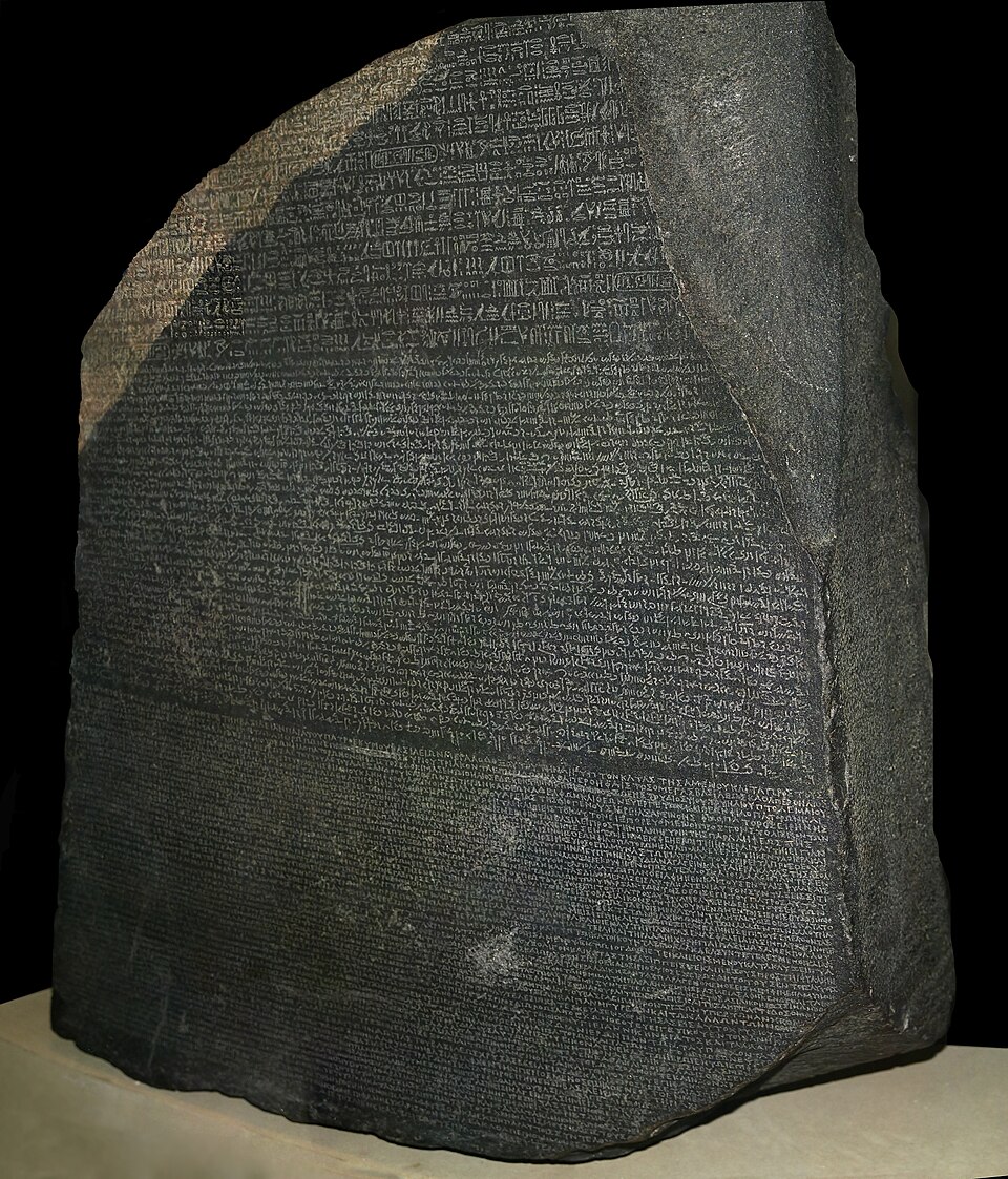 The Rosetta Stone, bearing one decree in hieroglyphic, demotic and Ancient Greek