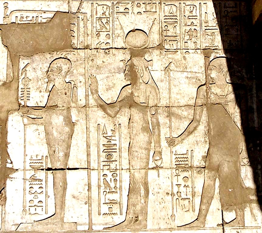 Ptah, Hathor and Imhotep in the temple of Ptah at Karnak, ptolemaic aera
