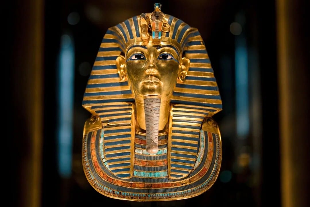 The golden death mask of Tutankhamun, the most iconic artefact from KV62