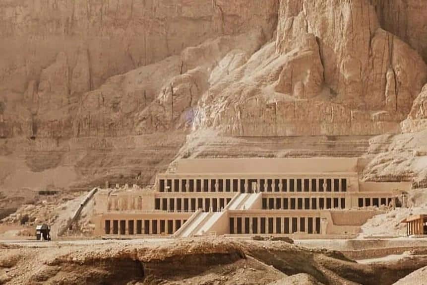 The terraced temples of Hatshepsut and Mentuhotep II at Deir el-Bahari, cut into the same cliff face