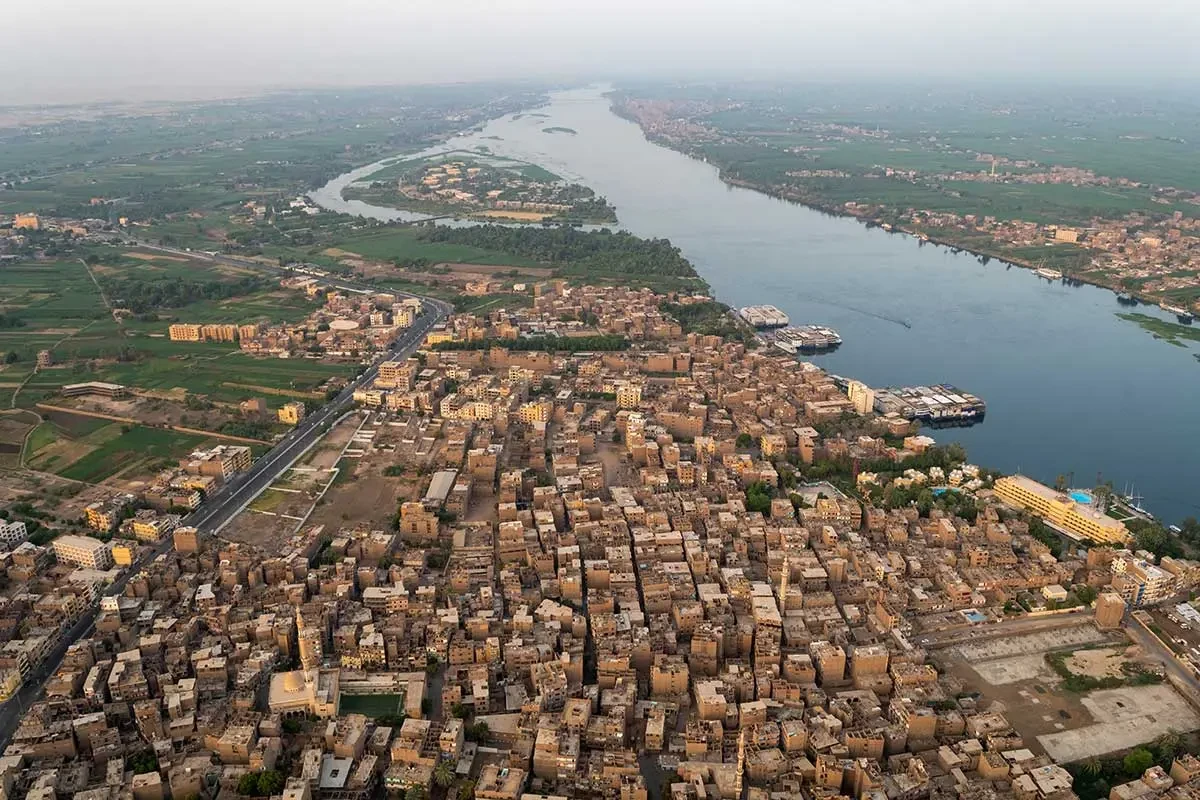 Aerial view of Luxor, ancient Thebes, on the Nile in Upper Egypt