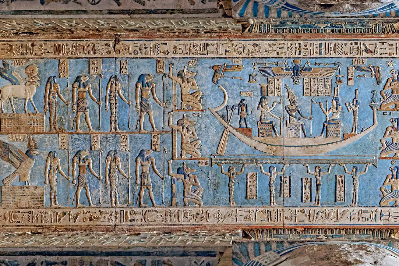 The Temple of Hathor at Dendera with its colorful columns and intact roof
