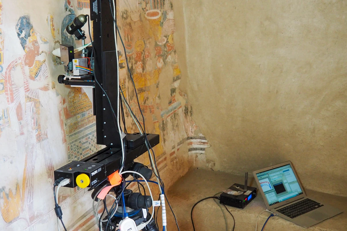 3D laser scanner capturing details inside an ancient Egyptian tomb