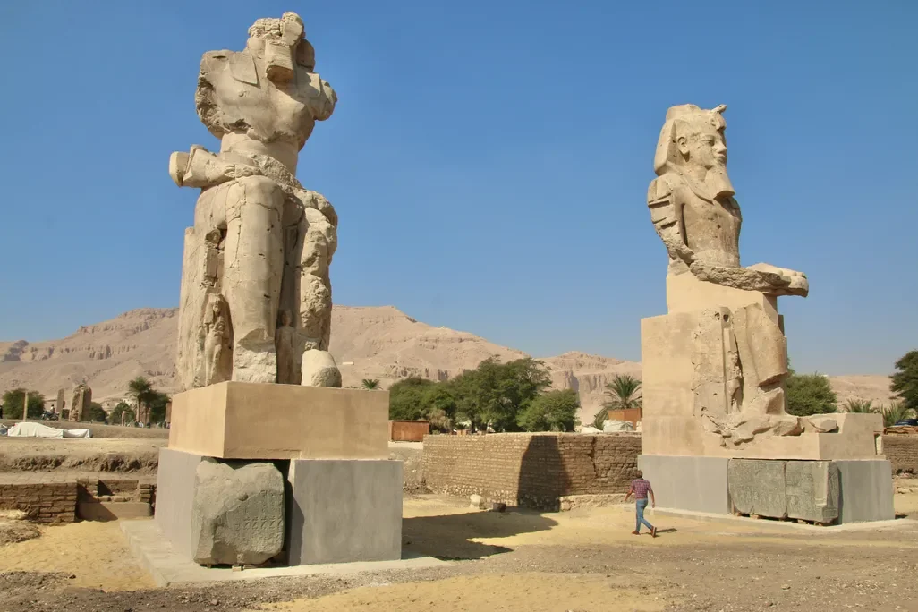 Restored colossal alabaster statue of Amenhotep III at his mortuary temple in Luxor